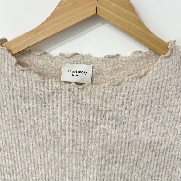 Short Story Ribbed Sweater Size Large Petite Blush Ruffle Trim Stretchy Soft - Picture 5 of 7